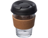 Glass mug with leak proof lid and a cork gripzone